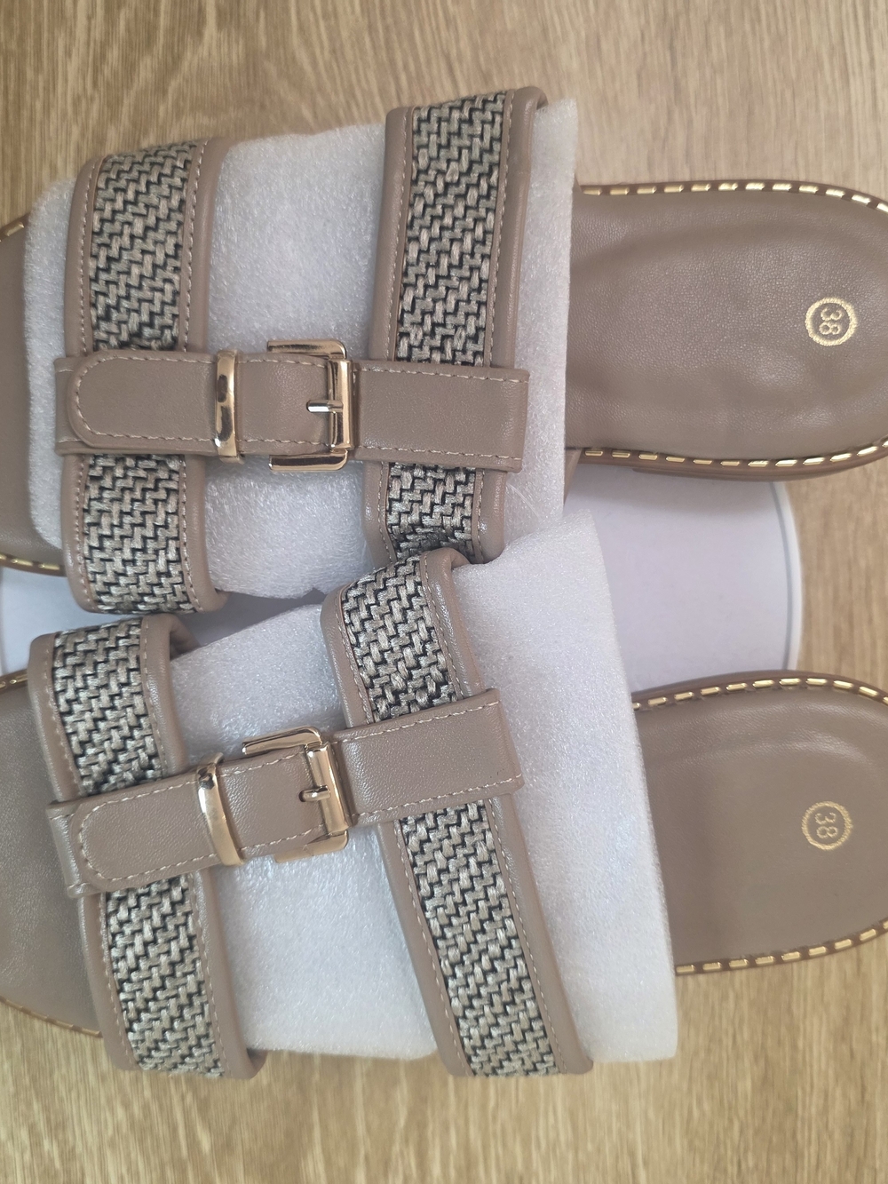 Neutral Taupe Slide Sandals with Woven Straps